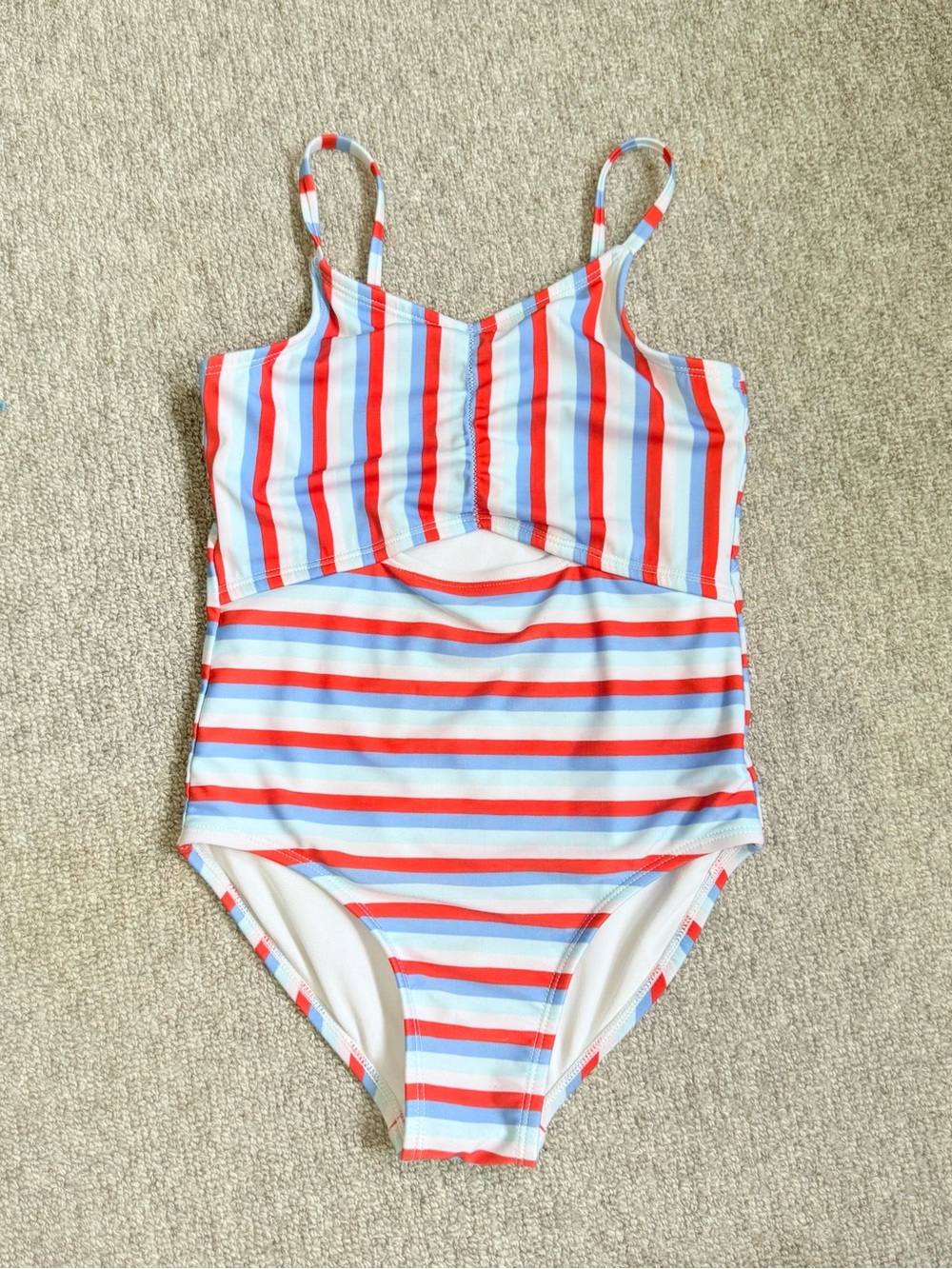 Girls’ Striped One-Piece Swimsuit in Red, Light Blue & White